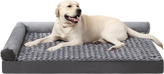 MIHIKK Orthopedic Pet Bed Deluxe Plush L-Shaped Couch with Waterproof Lining Bolster Sleeping Sofa with Removable Washable Cover & Nonskid Bottom for Extra Large Dogs