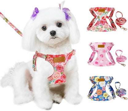 SlowTon No Pull Dog Harness with Leash - Soft Lightweight Floral Pattern Puppy Harness, Adjustable Pet Harness for Small Medium Dogs (Pink Rose XS)