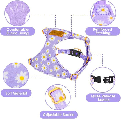 SlowTon No Pull Dog Harness with Leash - Soft Lightweight Floral Pattern Puppy Harness, Adjustable Pet Harness for Small Medium Dogs Doggie (Purple XXS)