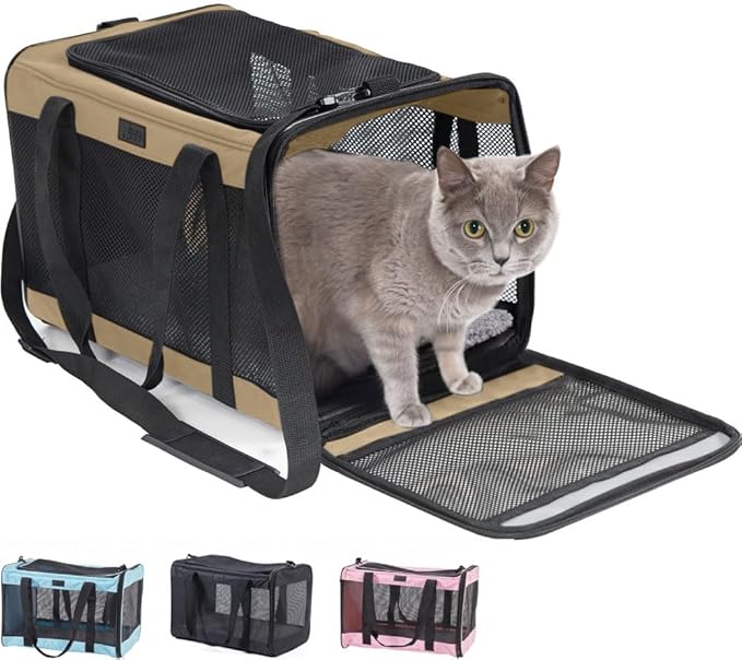 Gorilla Grip Airline Travel Cat Carrier Bag Up to 15 Lbs, Breathable Mesh Collapsible Pet Carriers for Small, Medium Cats, Small Dogs, Puppies, Portable Kennel with Soft Washable Waterproof Pad, Beige