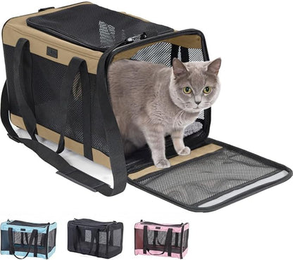 Gorilla Grip Airline Travel Cat Carrier Bag Up to 15 Lbs, Breathable Mesh Collapsible Pet Carriers for Small, Medium Cats, Small Dogs, Puppies, Portable Kennel with Soft Washable Waterproof Pad, Beige