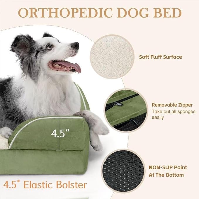 Waterproof Dog Beds for Large Dogs, Orthopedic Large Breed Dog Beds, Comfy Pet Bed Sofa with Washable Removable Cover & Non-Slip Bottom(Large,Light Green)