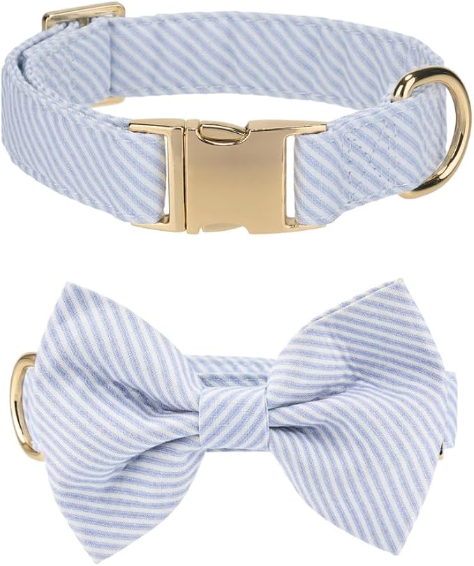 Adjustable Pet Bow Tie and Dog Collar for Small Medium Large Dogs, Puppy Collar with Bowtie, Cute Bow and Dog Collars - Comfortable, Soft, and Durable (Small, Blue Stripes)