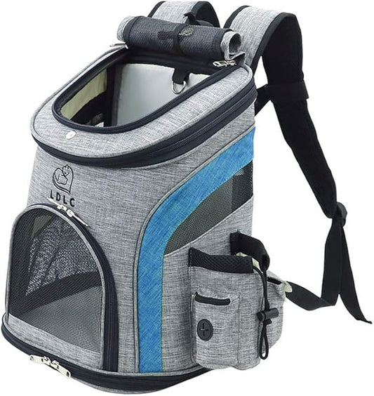 LDLC Pet Carrier Backpack for Small Cats and Dog,Breathable Mesh Puppies/Ventilated Design,Two-Sided Entry,Pet Bag for Hiking Travel Camping Outdoor Hold Pets (M, Grey and Blue)