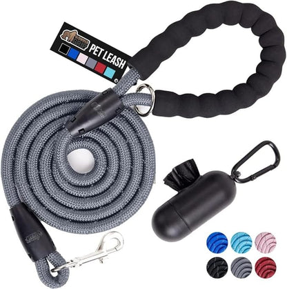 Gorilla Grip Dog Leash, Heavy Duty Reflective Rope Leashes for Large, Medium, Small Breed Dogs, Puppy Training Essential for Walks, Hikes, Soft Handle, Rotating Metal Clip, Waste Bag Dispenser, Gray