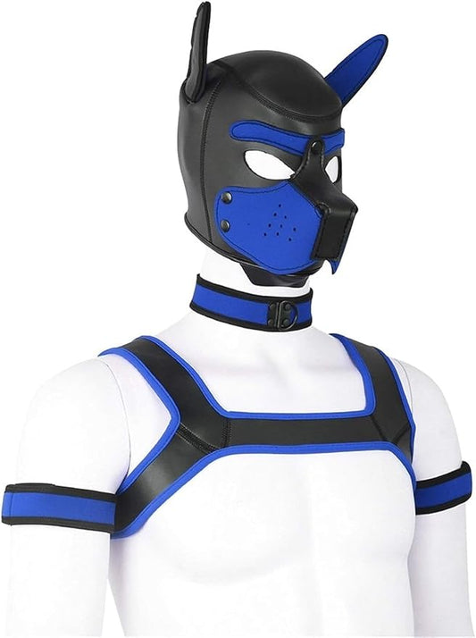 4 Sets Neoprene Puppy Hood Animal Head Mask Novelty Costume Dog (Hood Mask + Collar + Armband + Harness) (Large, Blue)