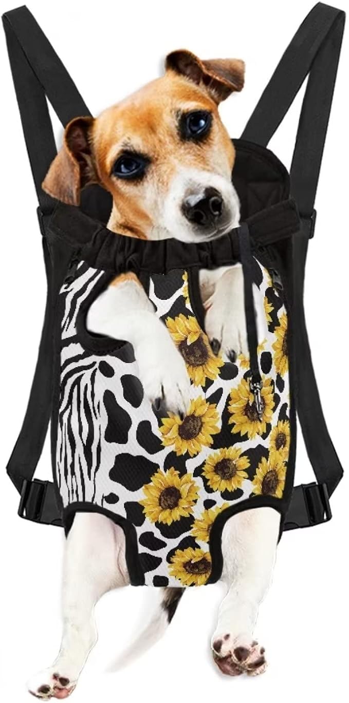 Zebra Sunflower Pattern Puppies Sling Shoulder Backpack,Pet Front Cat Dog Carrier Hands-Free Chest Rucksack Legs Out Travel Bag for Small Medium Dogs Cats,L