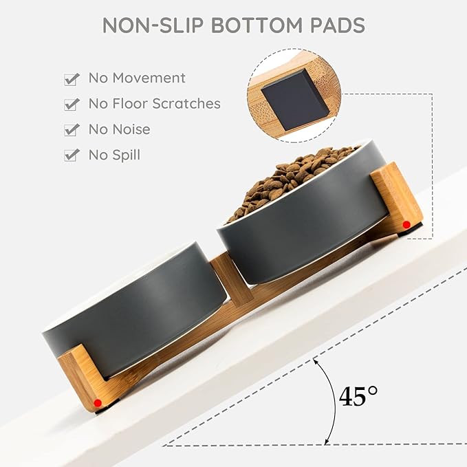 SPUNKYJUNKY Ceramic Dog and Cat Bowl Set with Wooden Stand, Modern Cute Weighted Food Water Set for Small Size Dogs (13.5OZ) & Medium Sized Dogs (28.7OZ) & Cats (1.7 Cups, 2 × White-Grey)
