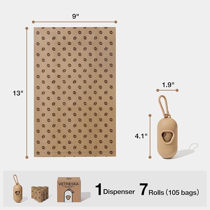 VETRESKA Dog Waste Bag Dispenser with Coffee Scent 1 Bag 105 Bags (7 Refill