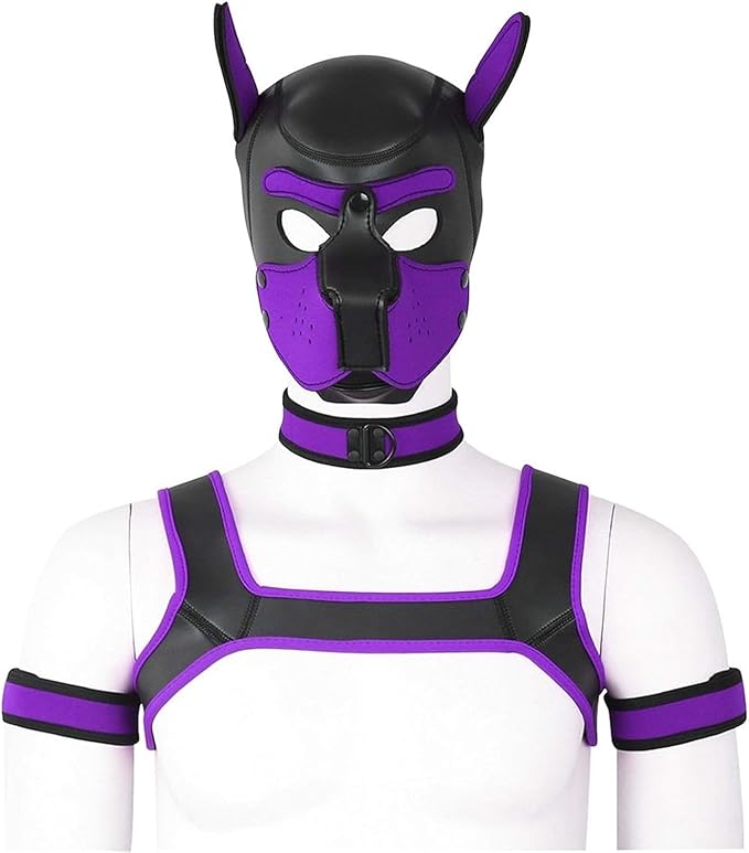 4 Sets Neoprene Puppy Hood Animal Head Mask Novelty Costume Dog (Hood Mask + Collar + Armband + Harness) (Large, Purple)