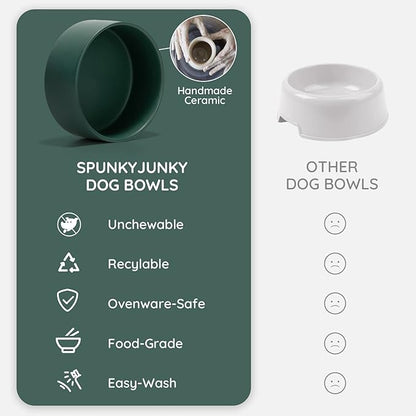 SPUNKYJUNKY Ceramic Dog and Cat Bowl with Wood Stand Non-Slip Matte Glaze Weighted Food Water Set for Cats &Small Dogs 13.5 OZ Green