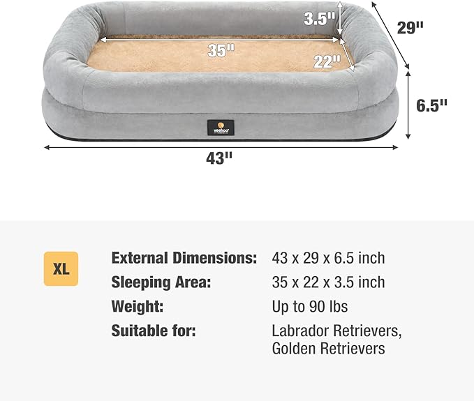 Veehoo XL Dog Bed for Large Dogs 4-Sides Bolster