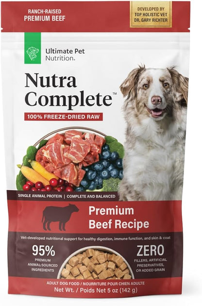 ULTIMATE PET NUTRITION Nutra Complete Raw Freeze Dried Dog Food, Veterinarian Formulated with Antioxidants, Prebiotics & Amino Acids (5 Ounce, Beef)