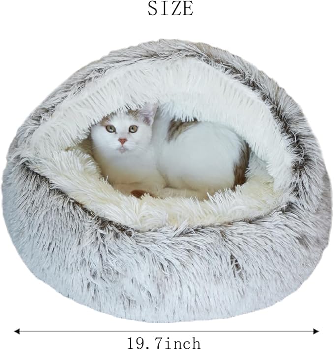 Calming Pet Bed for Small Dog Cat with Hooded Cover Round Beds for Small Medium Pets Anti-Slip Faux Fluff Coved Bed for Improved Sleep (grey 19.6 * 19.6 in)