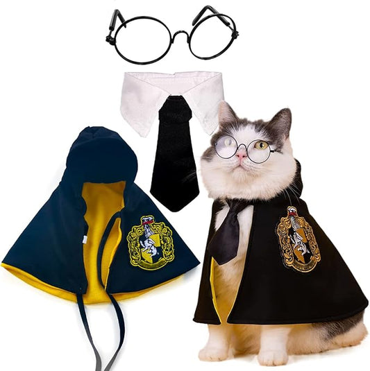 Cat Costumes 3 Piece Set with Glasses and Neckties, Cat Dog Cosplay Costume Set, Perfect for Party and Gifts for Cat Dog (Yellow, Medium)