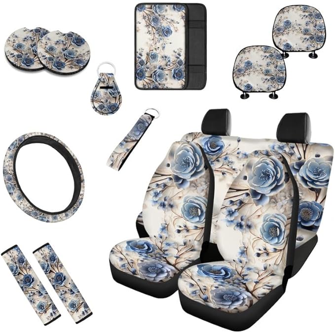 Blue Rose 13 PCS Car Seat Cover Full Set Flowers Painting Front Back Seat Covers Floral Art Steering Wheel Cover