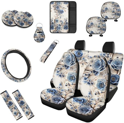 Blue Rose 13 PCS Car Seat Cover Full Set Flowers Painting Front Back Seat Covers Floral Art Steering Wheel Cover