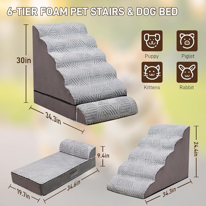 30 inch Foam Pet Stairs for High Beds, Dog Ramp for Small Dog, Older Pets, Non-Slip Dog Stairs for High Beds, 6-Tier Dog Stairs for Couch & Bed, Non-Slip Dog Ramps for Small Dogs, Older Pets