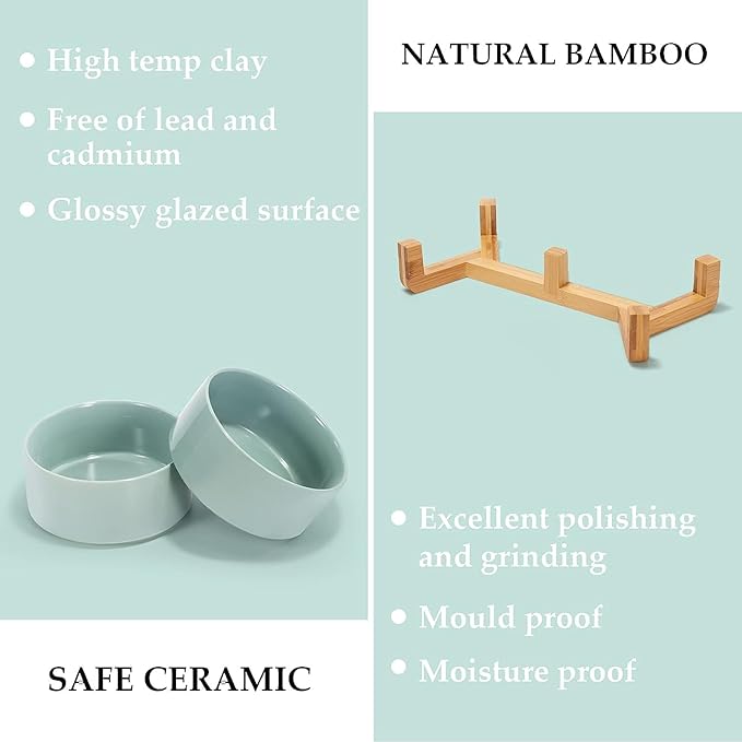 SPUNKYJUNKY Ceramic Dog and Cat Bowl Set with Wooden Stand, Modern Cute Weighted Food Water Set for Small Size Dogs (13.5OZ) & Medium Sized Dogs (28.7OZ) & Cats (3.6 Cups, 2 × Morandi Green)