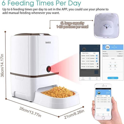 Automatic Pet Feeder with Camera, 6L App Control Smart Feeder Cat Dog Food Dispenser, 2-Way Audio, Voice Remind, Video Record, 6 Meals a Day for Medium Large Cats Dogs, Compatible with Alexa