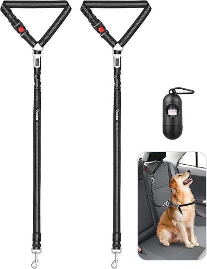 Vastar 2 Pack Dog Seat Belt for Car, 3-in-1 Dog Car Seatbelt, Adjustable Pet Seat Belt, Safety Headrest Restraint Dog Car Belt with Reflective Elastic Bungee, Poop Bag Holder