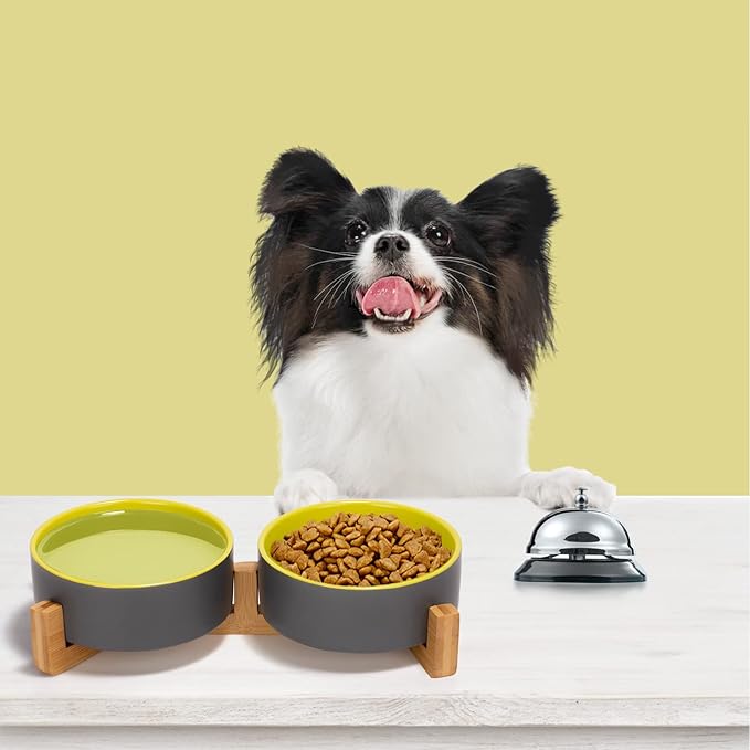 SPUNKYJUNKY Ceramic Dog and Cat Bowl Set with Wooden Stand, Modern Cute Weighted Food Water Set for Small Size Dogs (13.5OZ) & Medium Sized Dogs (28.7OZ) & Cats (1.7 Cups, 2 × Yellow-Grey)