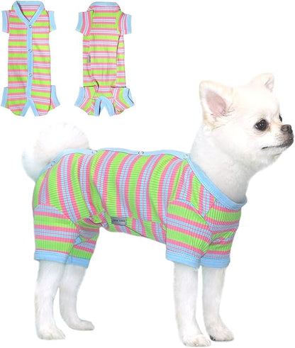 TONY HOBY Dog Pajamas, 4 Legged Dog Pajamas with Blue Stripe, Female Dog Jumpsuit Pajamas for Small Medium Size Dog (Green&Blue, Girl, L)