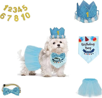 Dog Birthday Party Supplies Set,Boy Girls Dog Birthday Bandana,Cute Small dog Birthday Hat,Tutu,Dog Bow Tie Collar with 0-8 Numbers,Birthday Decorations for Cat,Dogs First Birthday(Blue-2,Small)