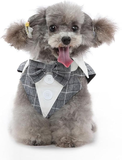 Puppy Tuxedo with Detachable Bowtie Prom Wedding Formal Wear Prince Costume for Small Dog (X-Small, Grey Plaid)