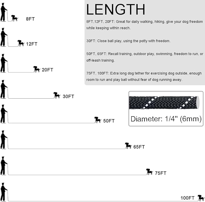Long Leash for Small Dogs 8FT/12FT/20FT/30FT/50FT/65FT/75FT/100FT Reflective