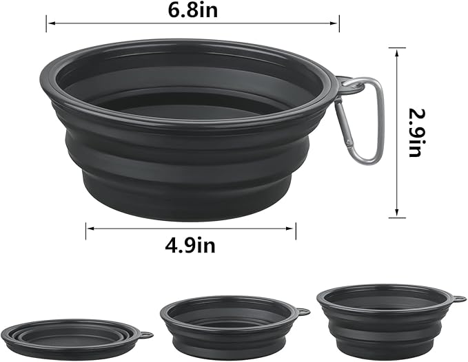 Dog Bowl Pet Collapsible Bowls, 2 Pack Collapsible Dog Water Bowls for Cats Dogs, Portable Pet Feeding Watering Dish for Walking Parking Traveling with 2 Carabiners (Large, Black+Black)