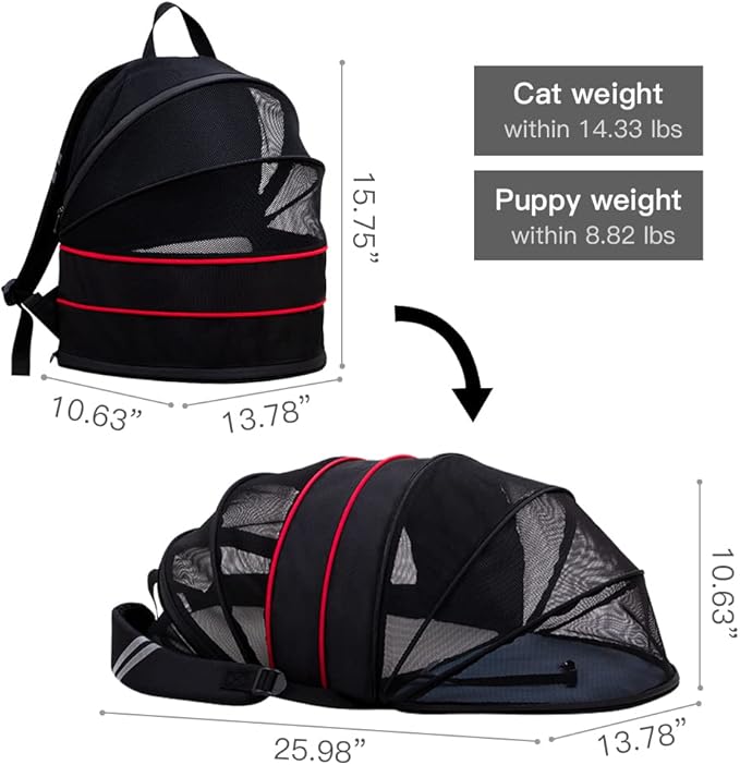 La La Pet® Expandable Pet Carrier Backpack Folding Pet Tent Pet Travel Carrier Cat Travel Backpack Puppy Carrier Backpack Kitten Backpack Carrier for Indoor Outdoor Use Black