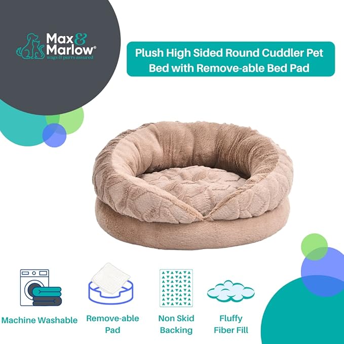 Plush High Sided Round Cuddler Pet Bed with Remove-able Bed Pad