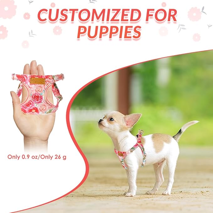 SlowTon No Pull Dog Harness with Leash - Soft Lightweight Floral Pattern Puppy Harness, Adjustable Pet Harness for Small Medium Dogs (Pink Rose XS)