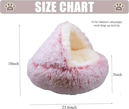 Calming Round Dog Beds &Cat Cave Bed with Hooded Cover 25.6X 25.6inch)