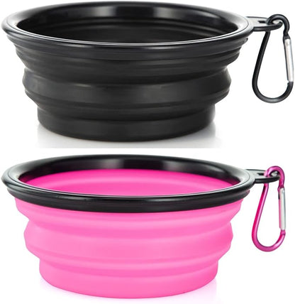 Dog Bowl Pet Collapsible Bowls, 2 Pack Collapsible Dog Water Bowls for Cats Dogs, Portable Pet Feeding Watering Dish for Walking Parking Traveling with 2 Carabiners (Small, Black & Pink)