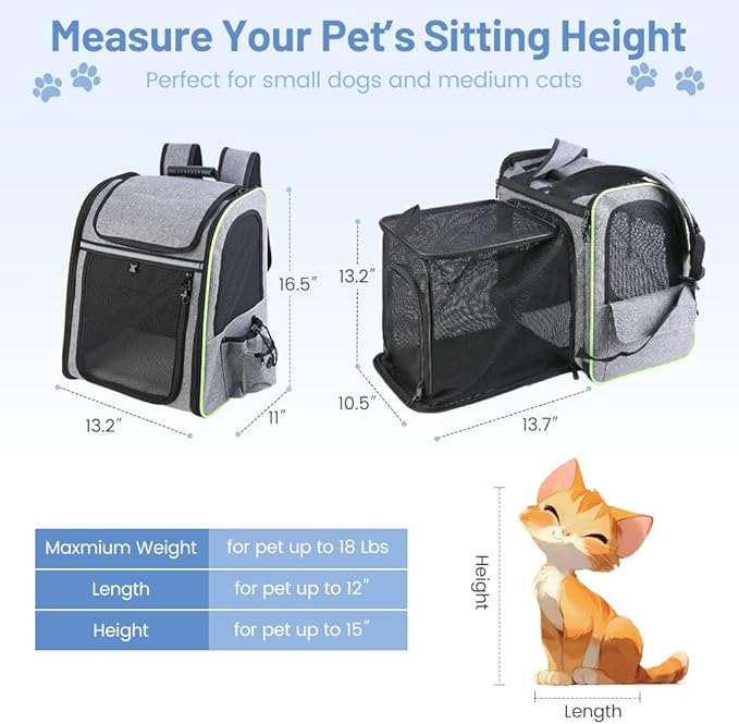 Inspack Cat Carrier, Expandable Large Cat Backpack, Breathable Dog Cat Backpack Carriers for Small Dogs Medium Cats Fit Up to 18 Lbs, Cat Dog Travel Bag, Durable Pet Carrier for Travel,Hiking,Camping