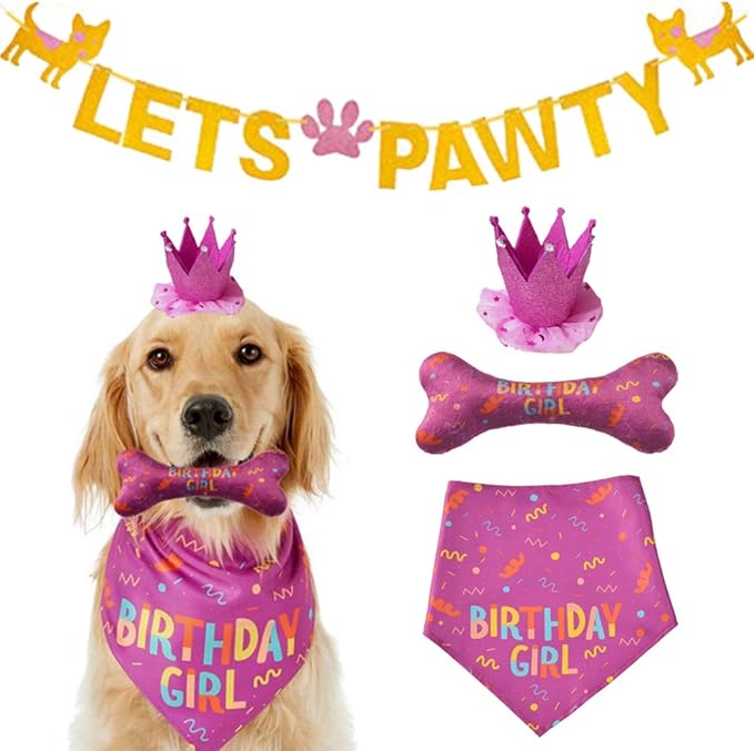 Dog Birthday Bandana Large Dog Birthday Hat Happy Birthday Bone Toy Dog Party Set Party Suppliers Dog Accessories and Pet Decorations (Pink)