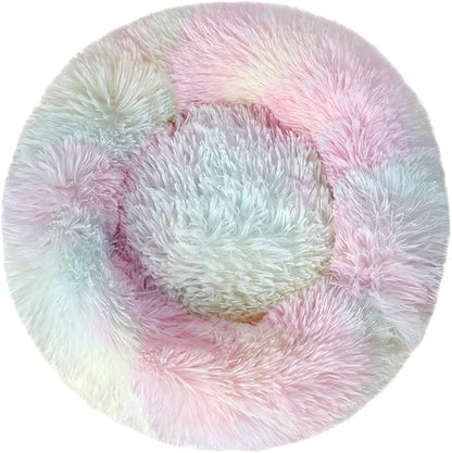 otoez Kitten Puppy Bed Extra Small XS Round Dog Cat Beds Anti Anxiety Plush Pet Calming Donut Bed with Non-Slip Waterproof Bottom (15.7", Rainbow)