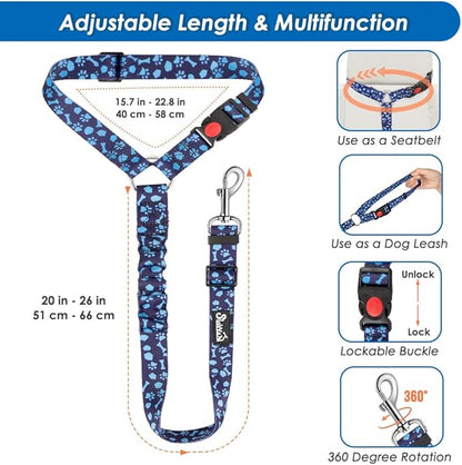 Lukovee Dog Seatbelt Leash for Cars, 2 Pack Pet Safety Car Seat Belt with Adjustable Buckle & Reflective Bungee, Connect Dog Harness in Vehicle Car Dogs Restraint Travel Daily Use (Blue Paw)