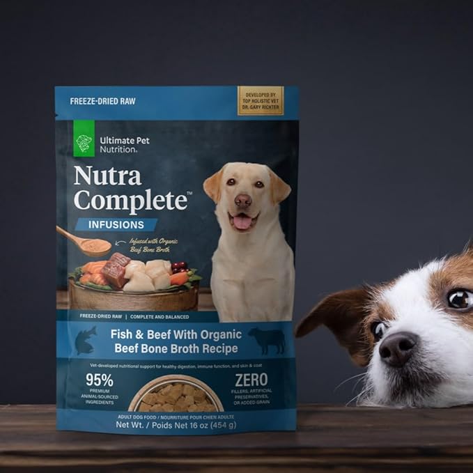 ULTIMATE PET NUTRITION Nutra Complete Bone Broth Infusions, 100% Freeze Dried Veterinarian Formulated Raw Dog Food with Antioxidants Prebiotics and Amino Acids, (1 Pound, Bone Broth Fish)