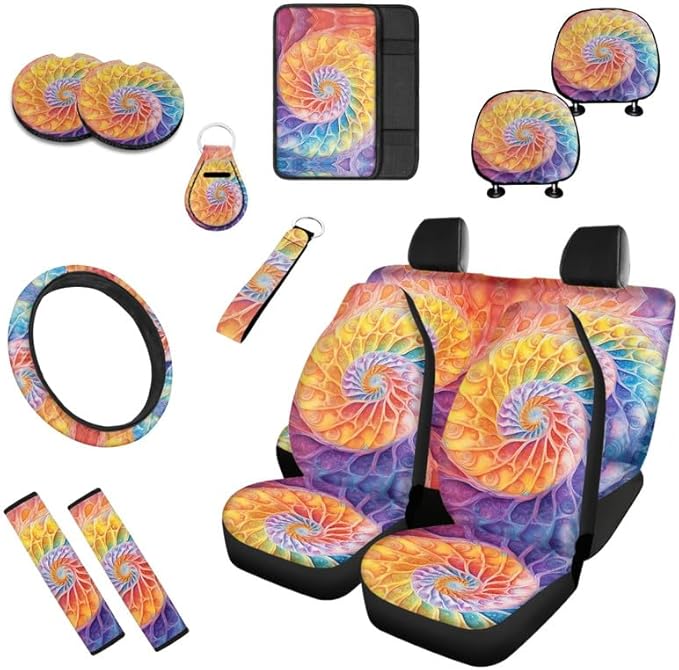 Gradient Colorful Painting Car Seat Covers Set for Women Men Seat Belt Strap Cover