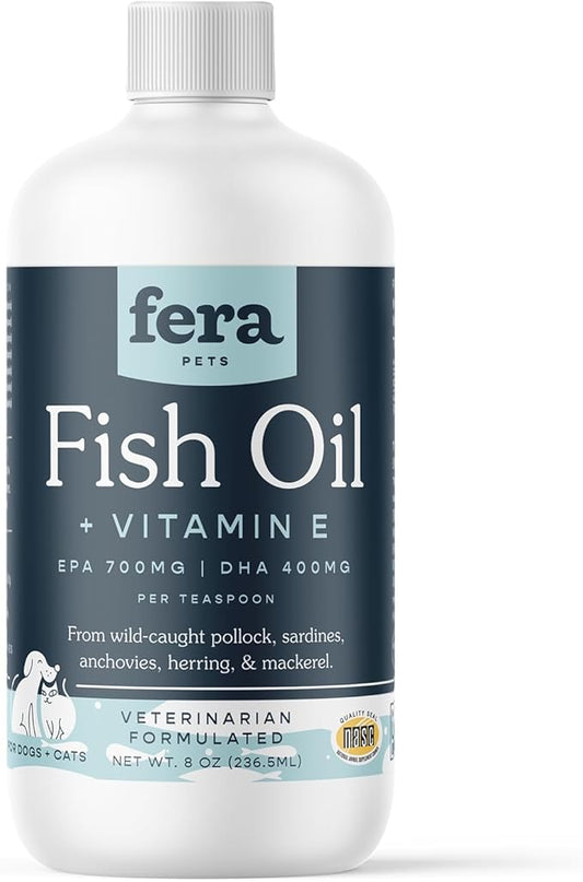 Fera Pet Organics Fish Oil for Dogs & Cats – 8oz, 48 Servings – Vet Created - Liquid Fish Oil with Wild-Caught Fish - for Pet’s Skin, Immune & Brain Function