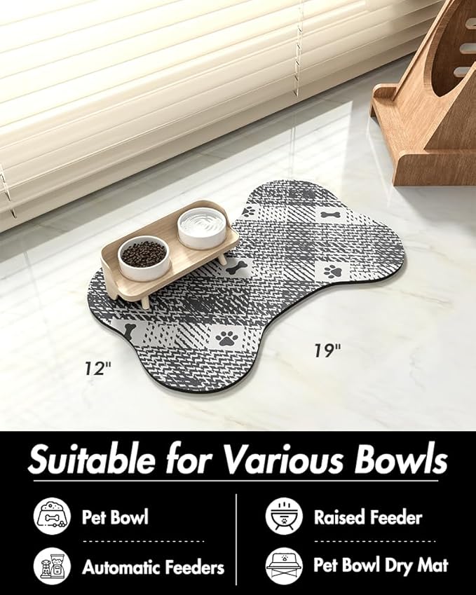PADOOR- Dog Food Mat- Absorbent Pet Food Mat- Dog Bowl Mat Bone Shaped- Quick Dry Dog Feeding Mat 12"x19", Blackwhite
