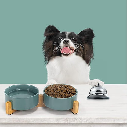 SPUNKYJUNKY Ceramic Dog and Cat Bowl Set with Wooden Stand, Modern Cute Weighted Food Water Set for Small Size Dogs (13.5OZ) & Medium Sized Dogs (28.7OZ) & Cats (1.7 Cups, 2 × Morandi Green)