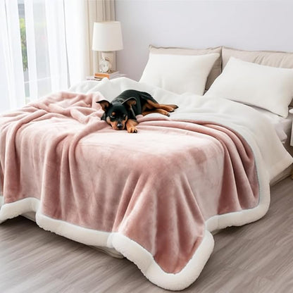 Sherpa Blanket for Bed Sofa Couch Camping Travel, Double-Sided Reversible Pet Hair Resistant Lap Blanket, Warm Lightweight Fluffy & Soft Plush (Pink Beige, L 40x50”)