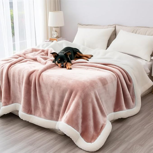 Sherpa Blanket for Bed Sofa Couch Camping Travel, Double-Sided Reversible Pet Hair Resistant Lap Blanket, Warm Lightweight Fluffy & Soft Plush (Pink Beige, XXL 60x80”)