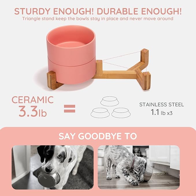 SPUNKYJUNKY Ceramic Dog and Cat Bowl with Wood Stand Non-Slip Matte Glaze Weighted Food Water Set for Cats &Small Dogs 13.5 OZ