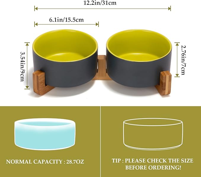 SPUNKYJUNKY Ceramic Dog and Cat Bowl Set with Wooden Stand, Modern Cute Weighted Food Water Set for Small Size Dogs (13.5OZ) & Medium Sized Dogs (28.7OZ) & Cats (3.6 Cups, 2 × Yellow-Grey)