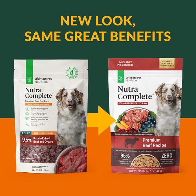 ULTIMATE PET NUTRITION Nutra Complete Raw Freeze Dried Dog Food, Veterinarian Formulated with Antioxidants, Prebiotics & Amino Acids (5 Ounce, Beef)